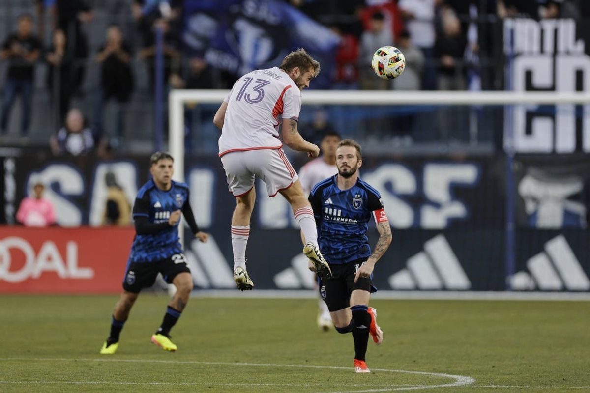 May 18, 2024; San Jose, California, USA; Orlando City forward Duncan McGuire (13) heads the ball in the first half against the San Jose Earthquakes at PayPal Park. Mandatory Credit: Robert Kupbens-USA TODAY Sports