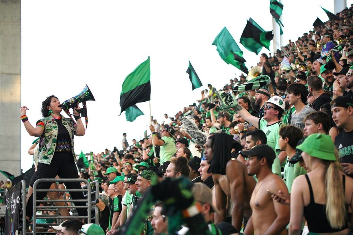 May 18, 2024; Austin, Texas, USA; Soccer fans cheer during the match between Austin FC and Sporting Kansas City during the first half at Q2 Stadium. Mandatory Credit: Dustin Safranek-USA TODAY Sports