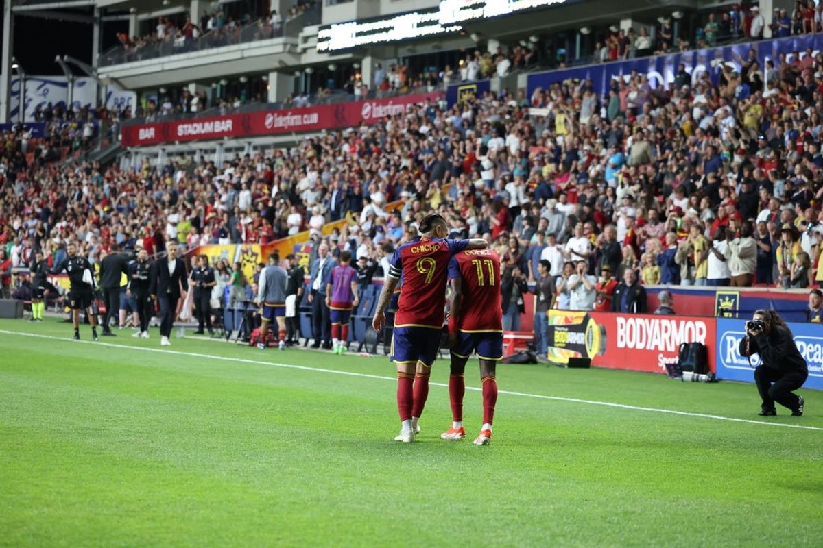 May 18, 2024; Sandy, Utah, USA; Real Salt Lake midfielder Andres Gomez (11) celebrates with Real Salt Lake forward Cristian Arango (9) after a goal against the Colorado Rapids in the second half at America First Field. Mandatory Credit: Rob Gray-USA TODAY Sports