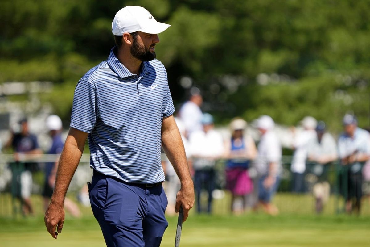May 19, 2024; Louisville, Kentucky, USA; Scottie Scheffler walks on the putting green during the final round of the PGA Championship golf tournament at Valhalla Golf Club. Mandatory Credit: Adam Cairns-USA TODAY Sports