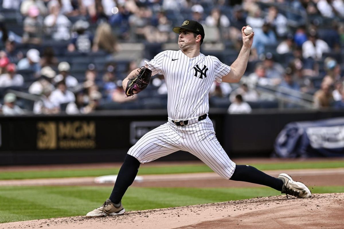 May 19, 2024; Bronx, New York, USA; New York Yankees pitcher Carlos Rodón (55) pitches against the Chicago White Sox during the second inning at Yankee Stadium. Mandatory Credit: John Jones-USA TODAY Sports