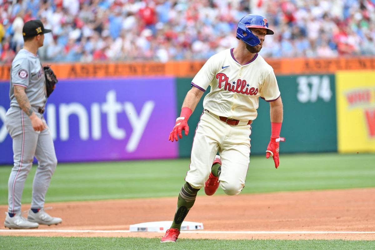 May 19, 2024; Philadelphia, Pennsylvania, USA; Philadelphia Phillies first base Kody Clemens (2) rounds third base on his way to scoring a run during the second inning against the Washington Nationals at Citizens Bank Park. Mandatory Credit: Eric Hartline-USA TODAY Sports