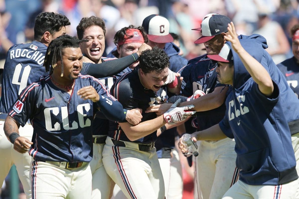 May 19, 2024; Cleveland, Ohio, USA; Cleveland Guardians left fielder Will Brennan, middle celebrates with teammates after hitting a walk off three run home run during the ninth inning against the Minnesota Twins at Progressive Field. Mandatory Credit: Ken Blaze-USA TODAY Sports