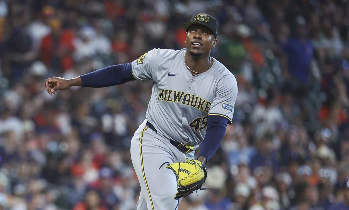 May 19, 2024; Houston, Texas, USA; Milwaukee Brewers relief pitcher Thyago Vieira (49) looks up on a home run hit by Houston Astros right fielder Kyle Tucker (not pictured) during the sixth inning at Minute Maid Park. Mandatory Credit: Troy Taormina-USA TODAY Sports