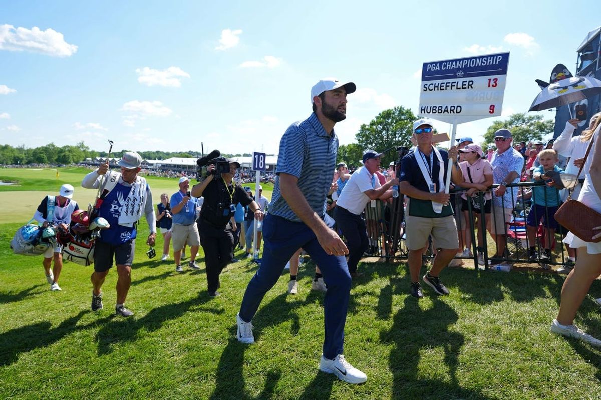 May 19, 2024; Louisville, Kentucky, USA; Scottie Scheffler walks off of 18th green after completing the final round of the PGA Championship golf tournament at Valhalla Golf Club. Mandatory Credit: Matt Stone-USA TODAY Sports