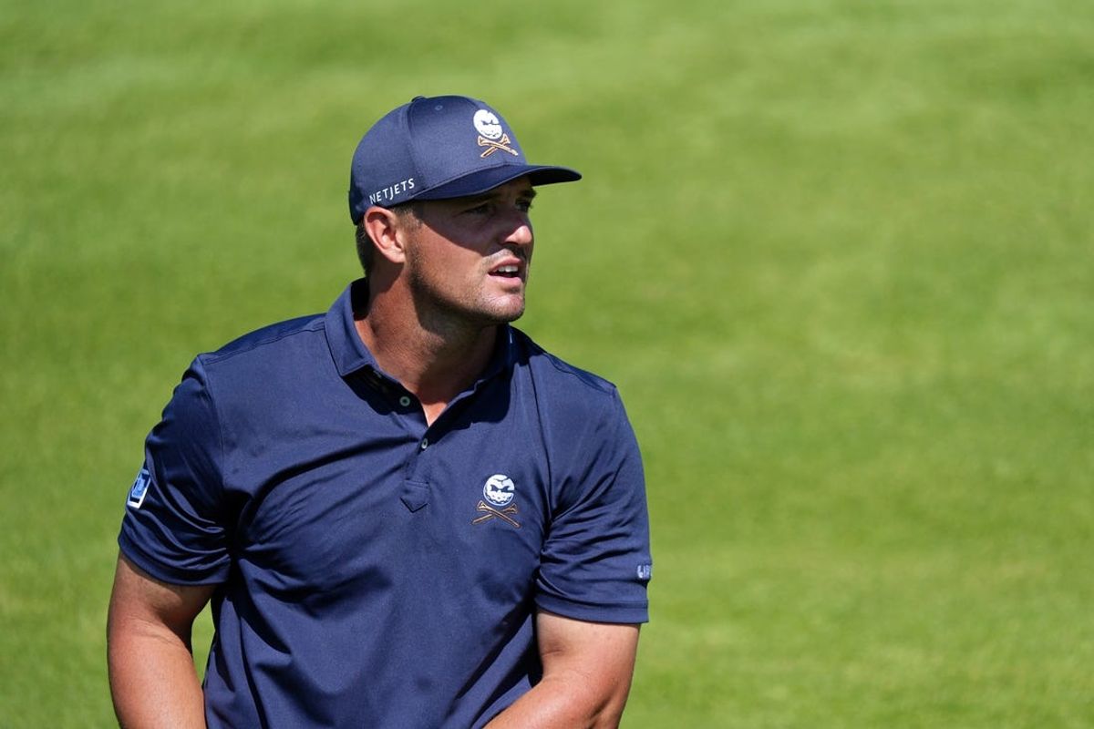 May 19, 2024; Louisville, Kentucky, USA; Bryson DeChambeau looks on from the ninth hole during the final round of the PGA Championship golf tournament at Valhalla Golf Club. Mandatory Credit: Clare Grant-USA TODAY Sports