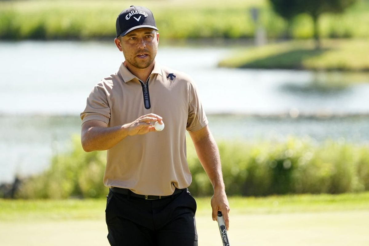 May 19, 2024; Louisville, Kentucky, USA; Xander Schauffele reacts after a putt on the seventh green during the final round of the PGA Championship golf tournament at Valhalla Golf Club. Mandatory Credit: Adam Cairns-USA TODAY Sports