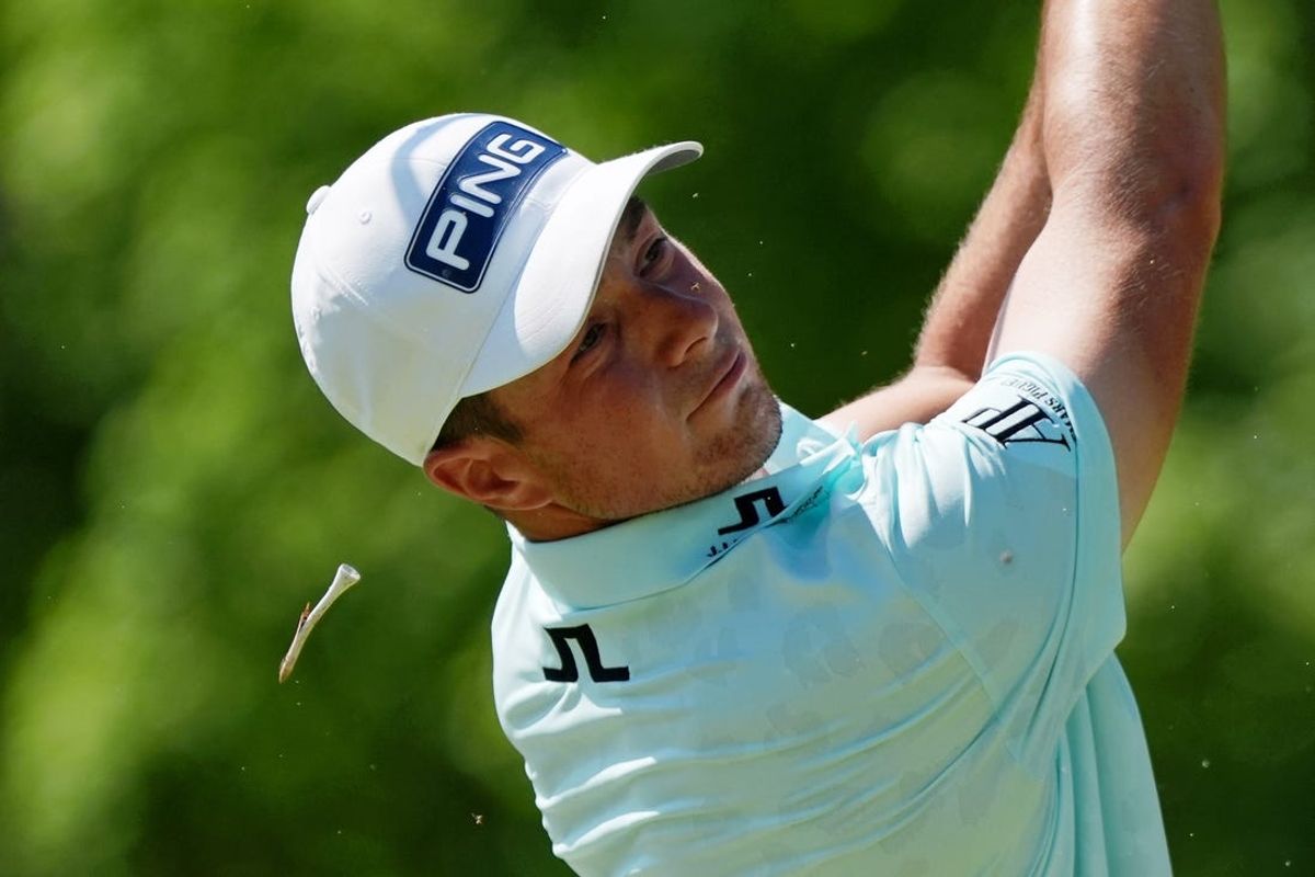 May 19, 2024; Louisville, Kentucky, USA; Viktor Hovland tees off on the eighth hole during the final round of the PGA Championship golf tournament at Valhalla Golf Club. Mandatory Credit: Clare Grant-USA TODAY Sports