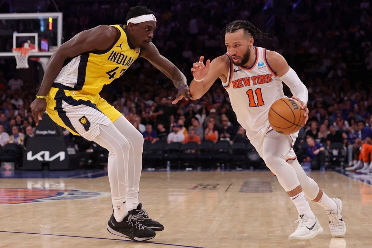 May 19, 2024; New York, New York, USA; New York Knicks guard Jalen Brunson (11) drives to the basket against Indiana Pacers forward Pascal Siakam (43) during the third quarter of game seven of the second round of the 2024 NBA playoffs at Madison Square Garden. Mandatory Credit: Brad Penner-USA TODAY Sports