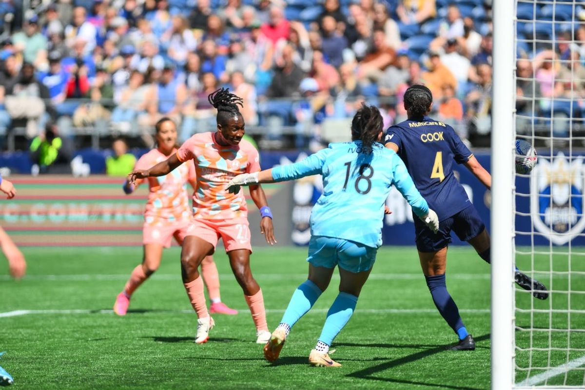 May 19, 2024; Seattle, Washington, USA; Orlando Pride forward Barbra Banda (22) shoots the ball during the first half against Seattle Reign FC at Lumen Field. Mandatory Credit: Steven Bisig-USA TODAY Sports
