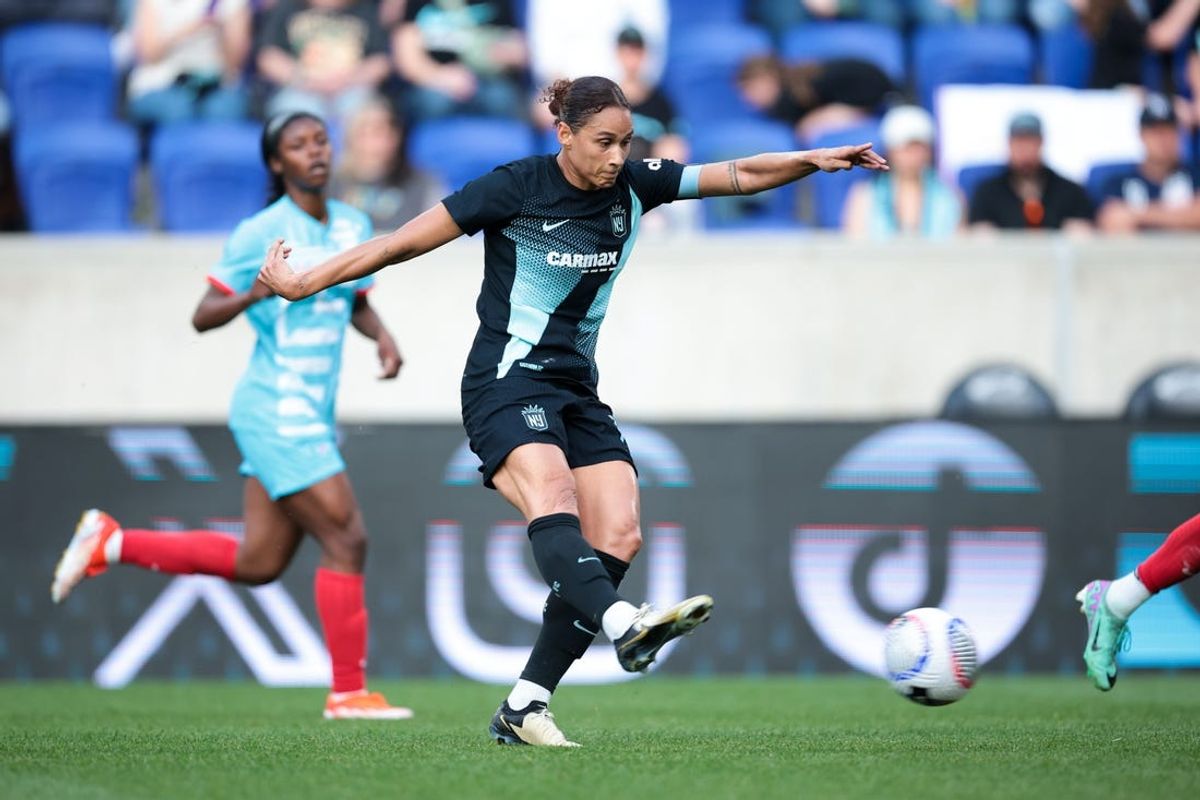 May 19, 2024; Harrison, New Jersey, USA; NJ/NY Gotham FC forward Lynn Williams (10) attempts a shot on goal in the second half against Chicago Red Stars at Red Bull Arena. Mandatory Credit: Vincent Carchietta-USA TODAY Sports