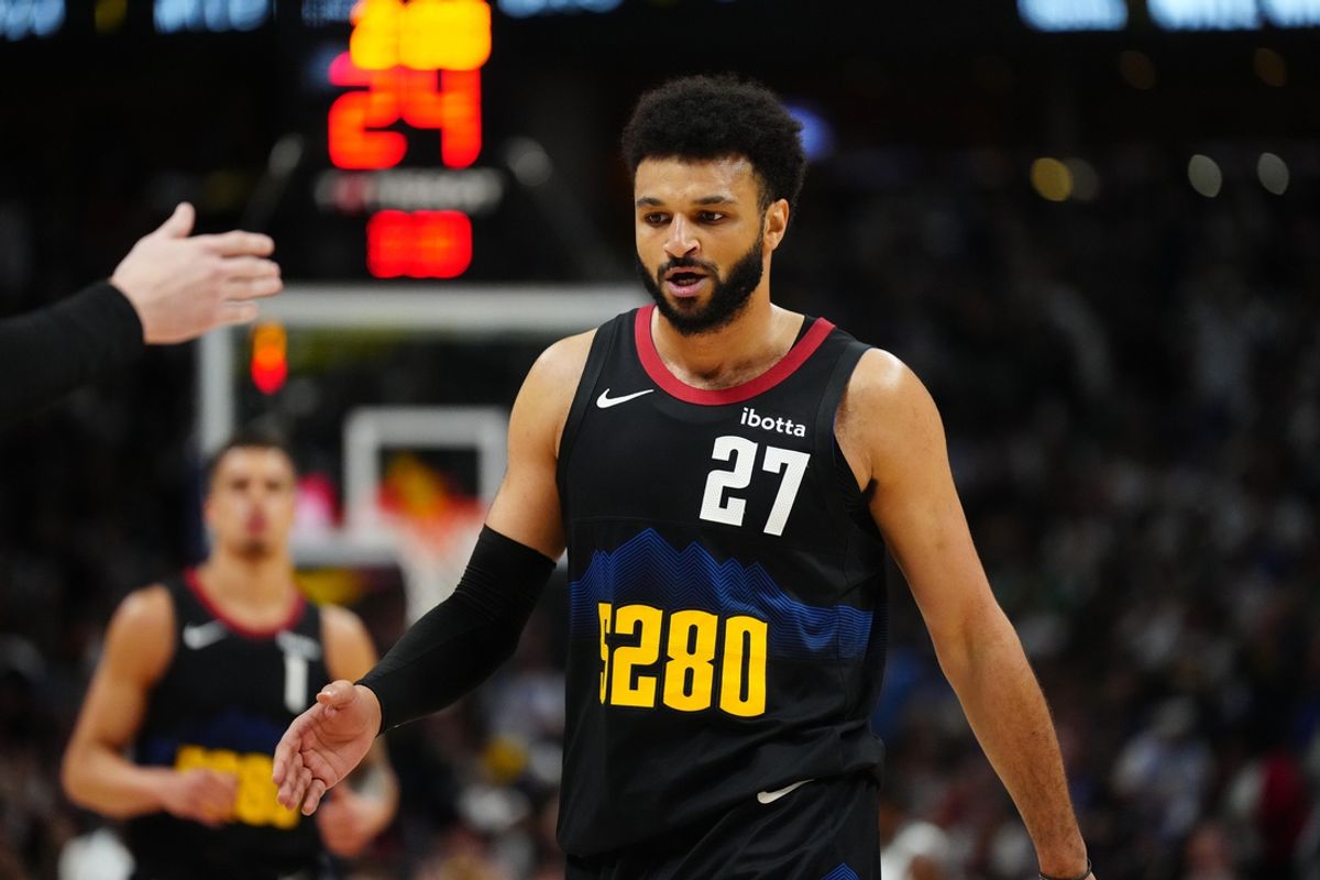 May 19, 2024; Denver, Colorado, USA; Denver Nuggets guard Jamal Murray (27) during the first half against the Minnesota Timberwolves during game seven of the second round for the 2024 NBA playoffs at Ball Arena. Mandatory Credit: Ron Chenoy-Imagn Images