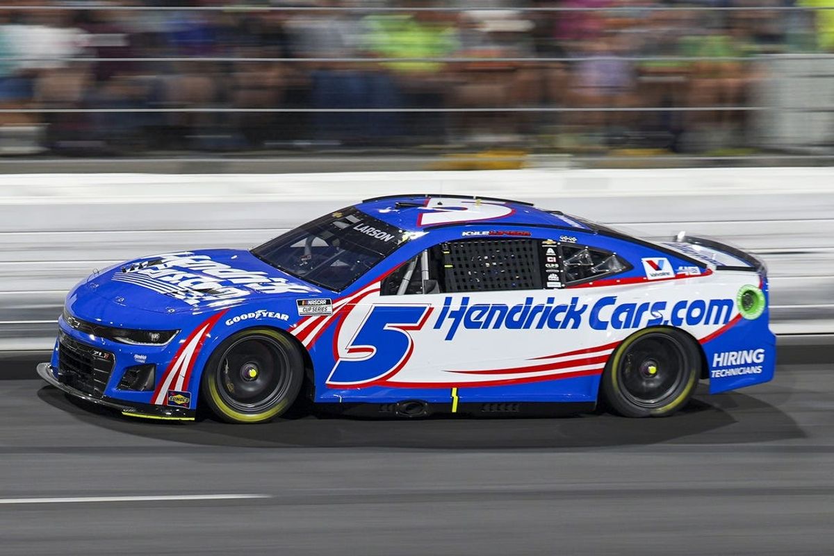May 19, 2024; North Wilkesboro, North Carolina, USA;  NASCAR Cup Series driver Kyle Larson (5) during the All Star race at North Wilkesboro Speedway. Mandatory Credit: Jim Dedmon-USA TODAY Sports