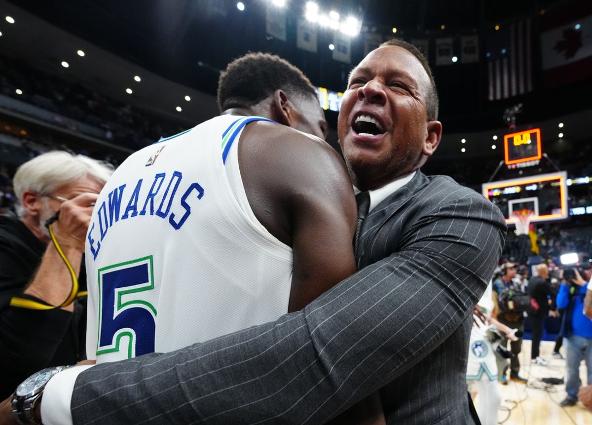May 19, 2024; Denver, Colorado, USA; Minnesota Timberwolves minority owner Alex Rodrigue and guard Anthony Edwards (5) celebrate defeating the Denver Nuggets in game seven of the second round for the 2024 NBA playoffs at Ball Arena. Mandatory Credit: Ron Chenoy-Imagn Images