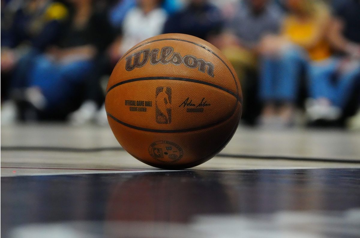 May 19, 2024; Denver, Colorado, USA; Detailed view of the Wilson game basketball during a timeout in the first half between the Minnesota Timberwolves against the Denver Nuggets in game seven of the second round for the 2024 NBA playoffs at Ball Arena. Mandatory Credit: Ron Chenoy-Imagn Images