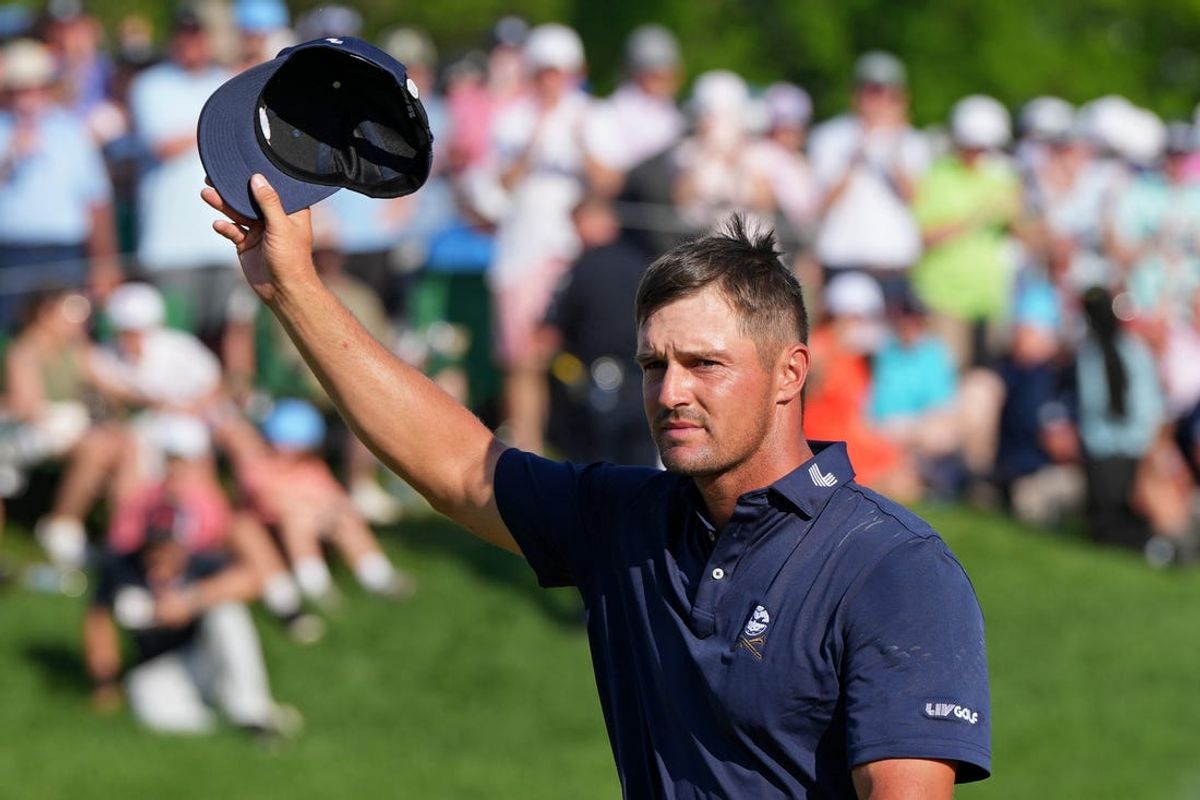 May 19, 2024; Louisville, Kentucky, USA; Bryson DeChambeau reacts after putting on the 18th green during the final round of the PGA Championship golf tournament at Valhalla Golf Club. Mandatory Credit: Clare Grant-USA TODAY Sports
