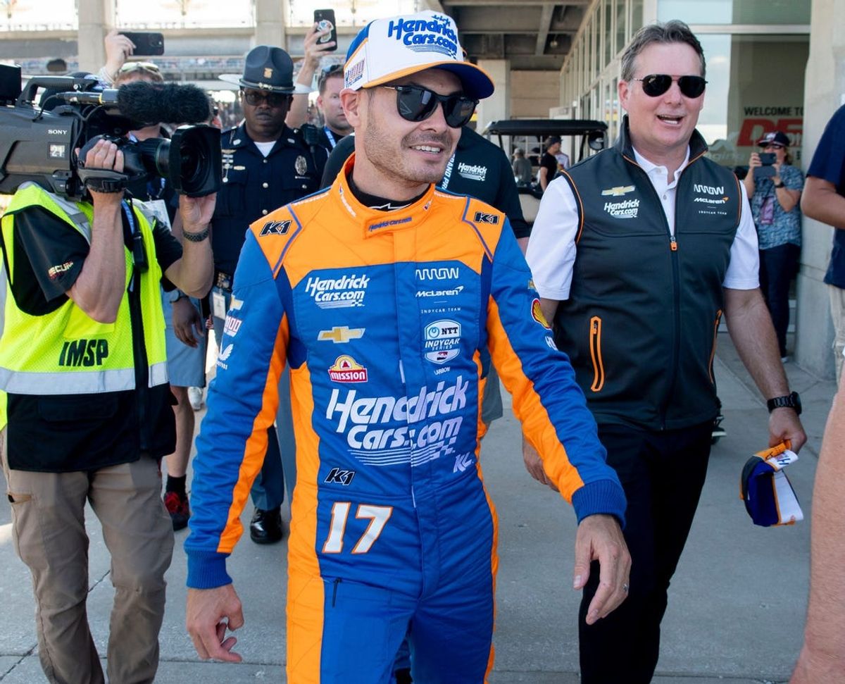 Arrow McLaren/Rick Hendrick driver Kyle Larson (17) heads to a waiting helicopter Sunday, May 19, 2024, after Fast 6 qualifying for the 108th running of the Indianapolis 500 at Indianapolis Motor Speedway. Larson is flying to compete in the NASCAR All-Star race at North Wilkesboro Speedway in North Carolina.