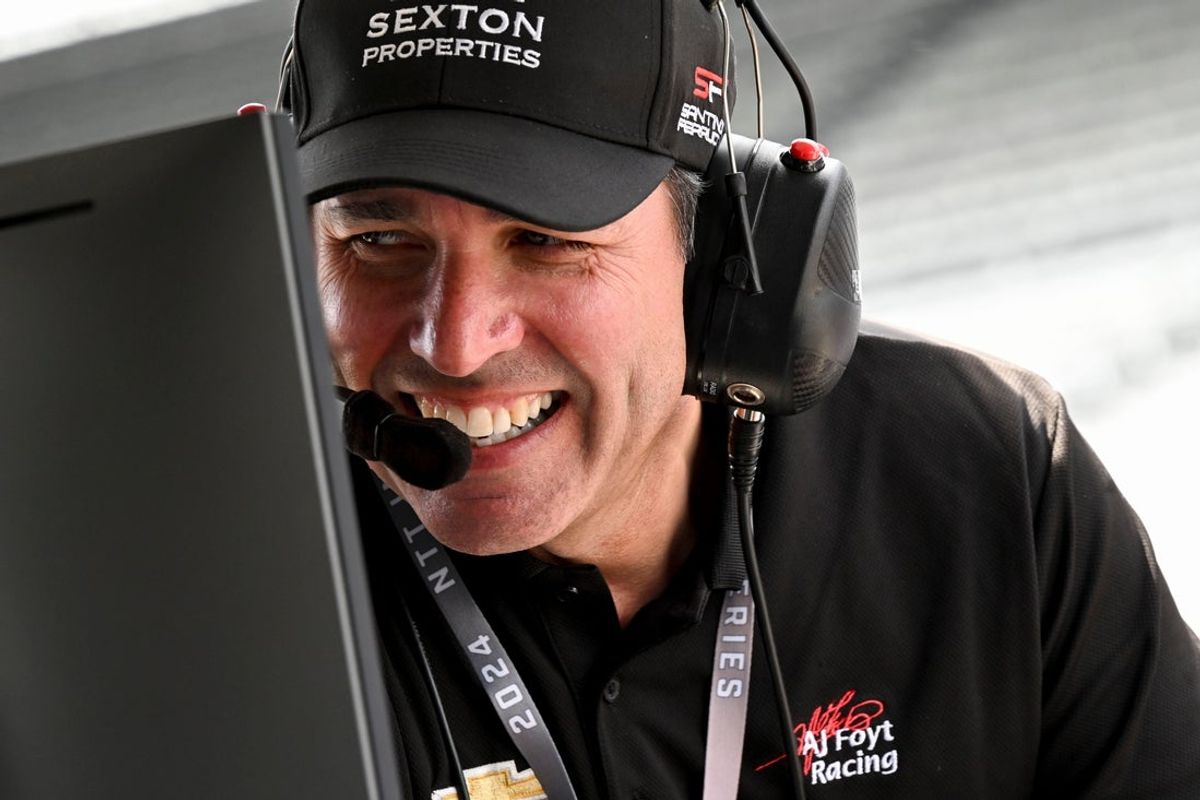 Larry Foyt laughs in the pit box of A.J. Foyt Enterprises driver Santino Ferrucci (14) Monday, May 20, 2024, during practice for the 108th running of the Indianapolis 500 at Indianapolis Motor Speedway.