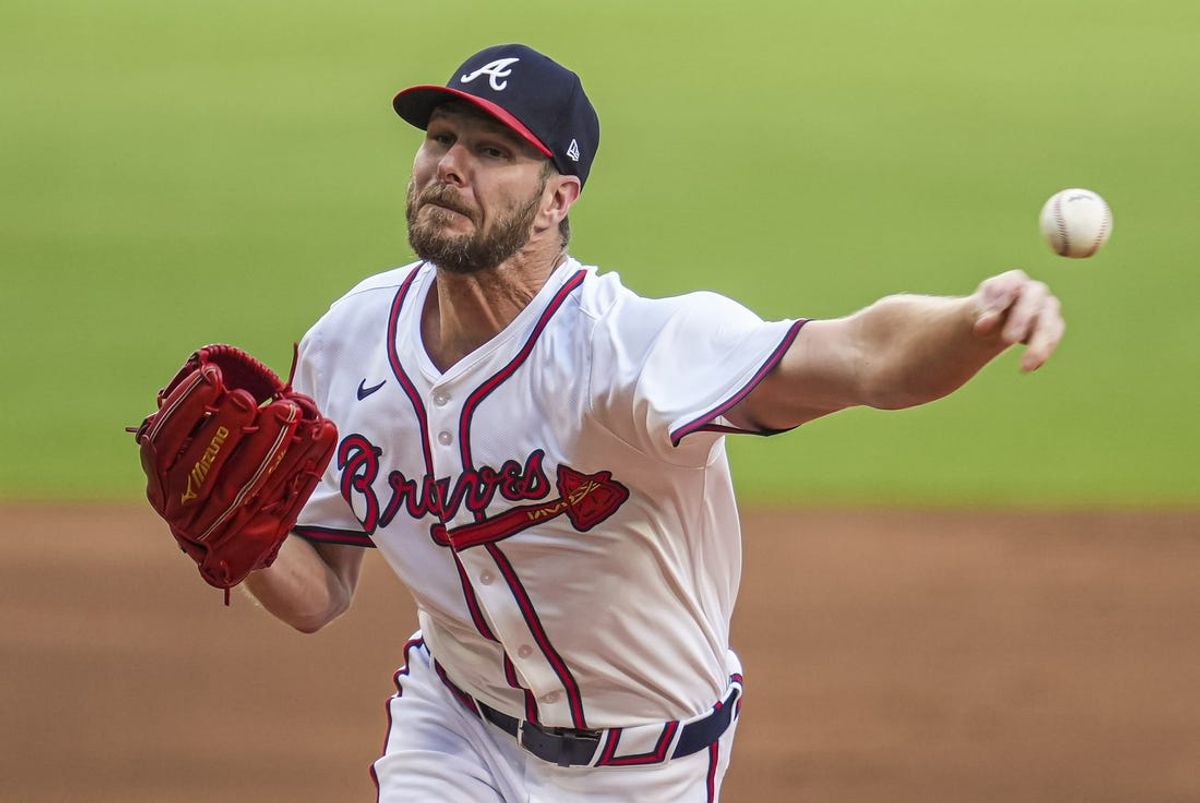 May 20, 2024; Cumberland, Georgia, USA; Atlanta Braves starting pitcher Chris Sale (51) pitches against the San Diego Padres during the first inning at Truist Park. Mandatory Credit: Dale Zanine-USA TODAY Sports