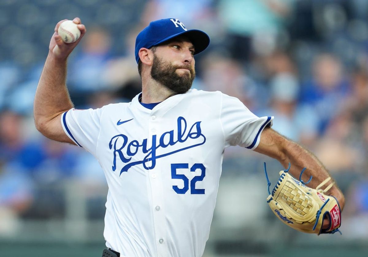 May 20, 2024; Kansas City, Missouri, USA; Kansas City Royals starting pitcher Michael Wacha (52) pitches during the first inning against the Detroit Tigers at Kauffman Stadium. Mandatory Credit: Jay Biggerstaff-USA TODAY Sports