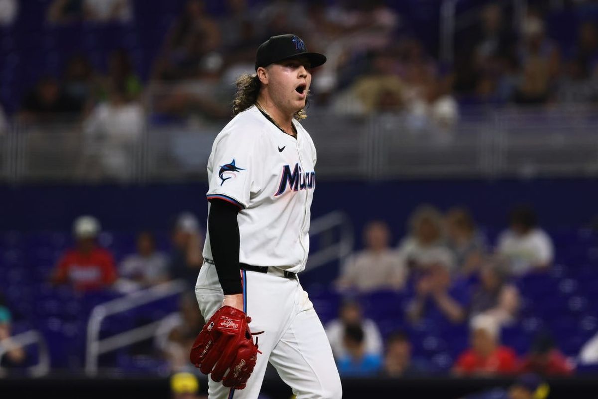 May 20, 2024; Miami, Florida, USA; Miami Marlins starting pitcher Ryan Weathers (60) reacts against the Milwaukee Brewers during the sixth inning at loanDepot Park. Mandatory Credit: Sam Navarro-USA TODAY Sports