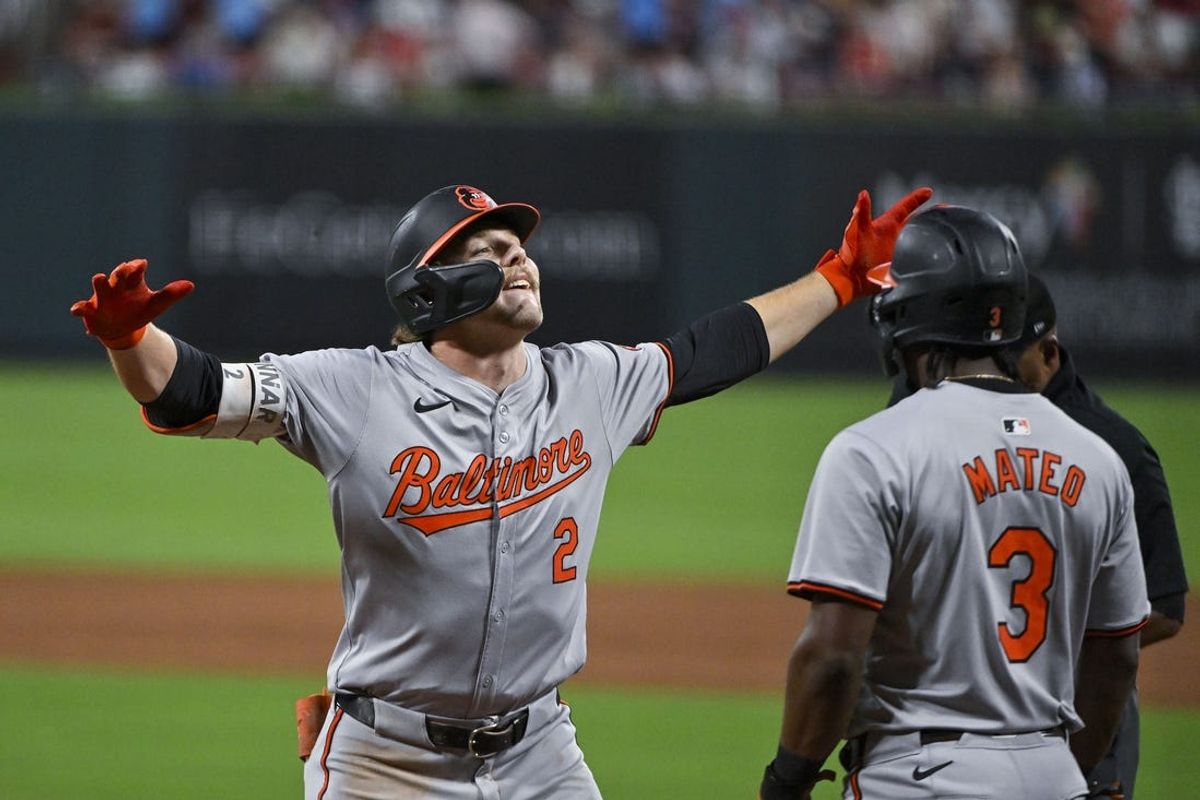 May 20, 2024; St. Louis, Missouri, USA;  Baltimore Orioles shortstop Gunnar Henderson (2) reacts after hitting a three run home run against the St. Louis Cardinals during the sixth inning at Busch Stadium. Mandatory Credit: Jeff Curry-USA TODAY Sports