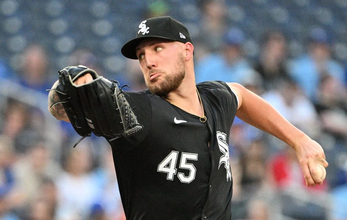 May 21, 2024; Toronto, Ontario, CAN;  Chicago White Sox starting pitcher Garrett Crochet (45) delivers a pitch against the Toronto Blue Jays in the second inning at Rogers Centre. Mandatory Credit: Dan Hamilton-USA TODAY Sports