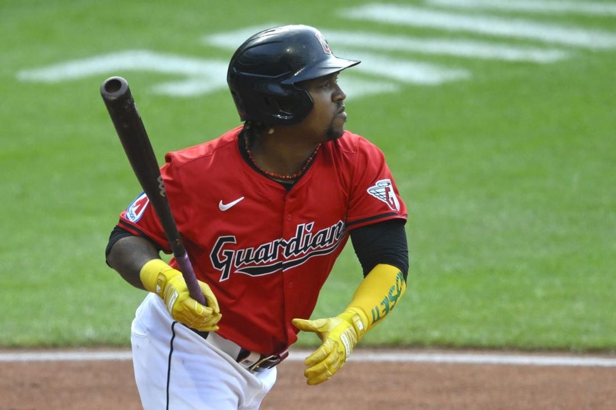 May 21, 2024; Cleveland, Ohio, USA; Cleveland Guardians third baseman Jose Ramirez (11) watches his RBI double in the third inning against the New York Mets at Progressive Field. Mandatory Credit: David Richard-USA TODAY Sports