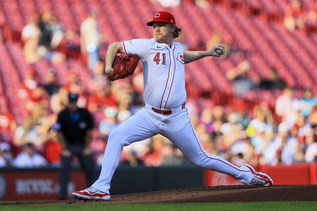 May 21, 2024; Cincinnati, Ohio, USA; Cincinnati Reds starting pitcher Andrew Abbott (41) pitches against the San Diego Padres in the first inning at Great American Ball Park. Mandatory Credit: Katie Stratman-USA TODAY Sports