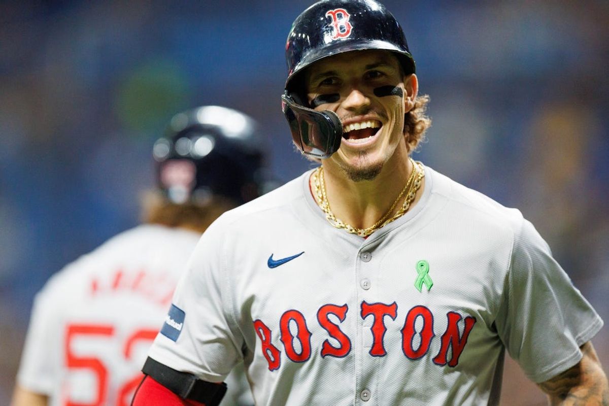 May 21, 2024; St. Petersburg, Florida, USA;  Boston Red Sox outfielder Jarren Duran (16) celebrates after hitting a home run against the Tampa Bay Rays in the sixth inning at Tropicana Field. Mandatory Credit: Nathan Ray Seebeck-USA TODAY Sports