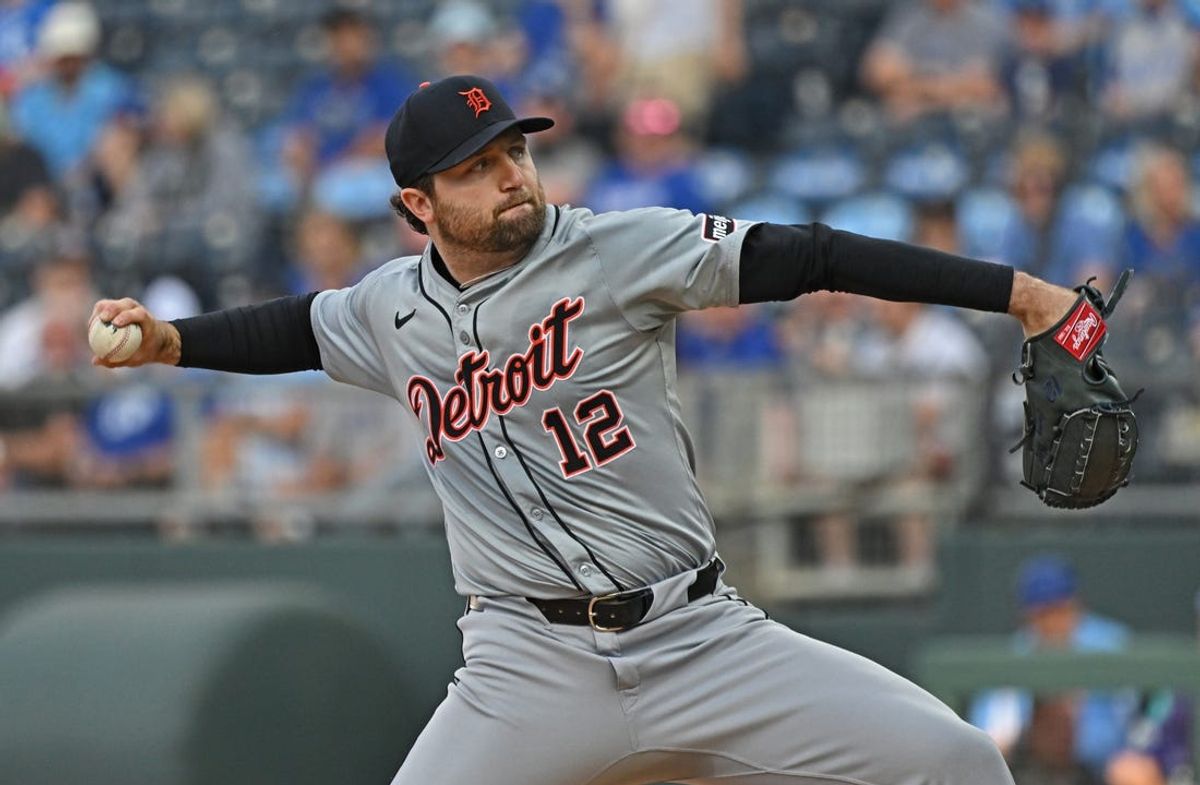 May 21, 2024; Kansas City, Missouri, USA;  Detroit Tigers starting pitcher Casey Mize (12) delivers a pitch against the Kansas City Royals in the first inning at Kauffman Stadium. Mandatory Credit: Peter Aiken-USA TODAY Sports