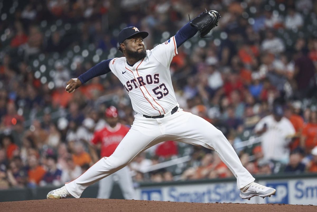 May 21, 2024; Houston, Texas, USA; Houston Astros starting pitcher Cristian Javier (53) delivers a pitch during the second inning against the Los Angeles Angels at Minute Maid Park. Mandatory Credit: Troy Taormina-USA TODAY Sports