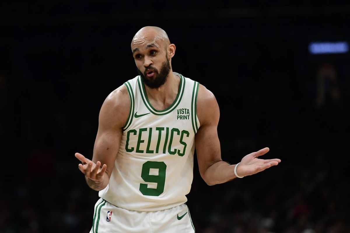May 21, 2024; Boston, Massachusetts, USA; Boston Celtics guard Derrick White (9) reacts against the Indiana Pacers during the fist half for game one of the eastern conference finals for the 2024 NBA playoffs at TD Garden. Mandatory Credit: Bob DeChiara-USA TODAY Sports