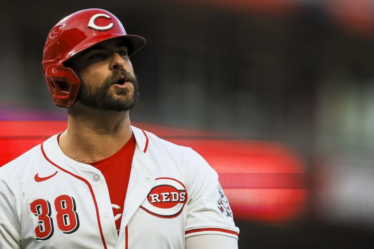 May 21, 2024; Cincinnati, Ohio, USA; Cincinnati Reds designated hitter Mike Ford (38) reacts after striking out in the sixth inning against the San Diego Padres at Great American Ball Park. Mandatory Credit: Katie Stratman-USA TODAY Sports