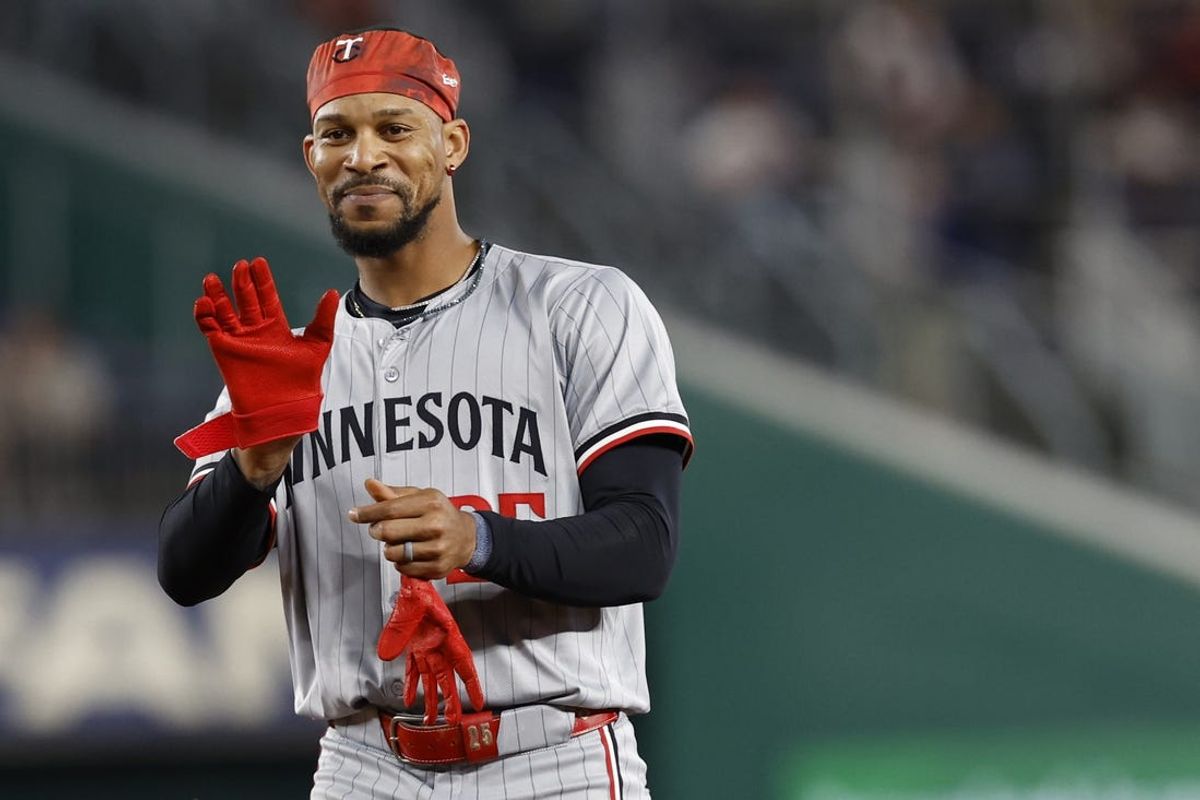 May 21, 2024; Washington, District of Columbia, USA; Minnesota Twins outfielder Byron Buxton (25) waves to Washington Nationals first base coach Gerardo Parra (not pictured) in the Nationals dugout during the middle of the ninth inning at Nationals Park. Mandatory Credit: Geoff Burke-USA TODAY Sports
