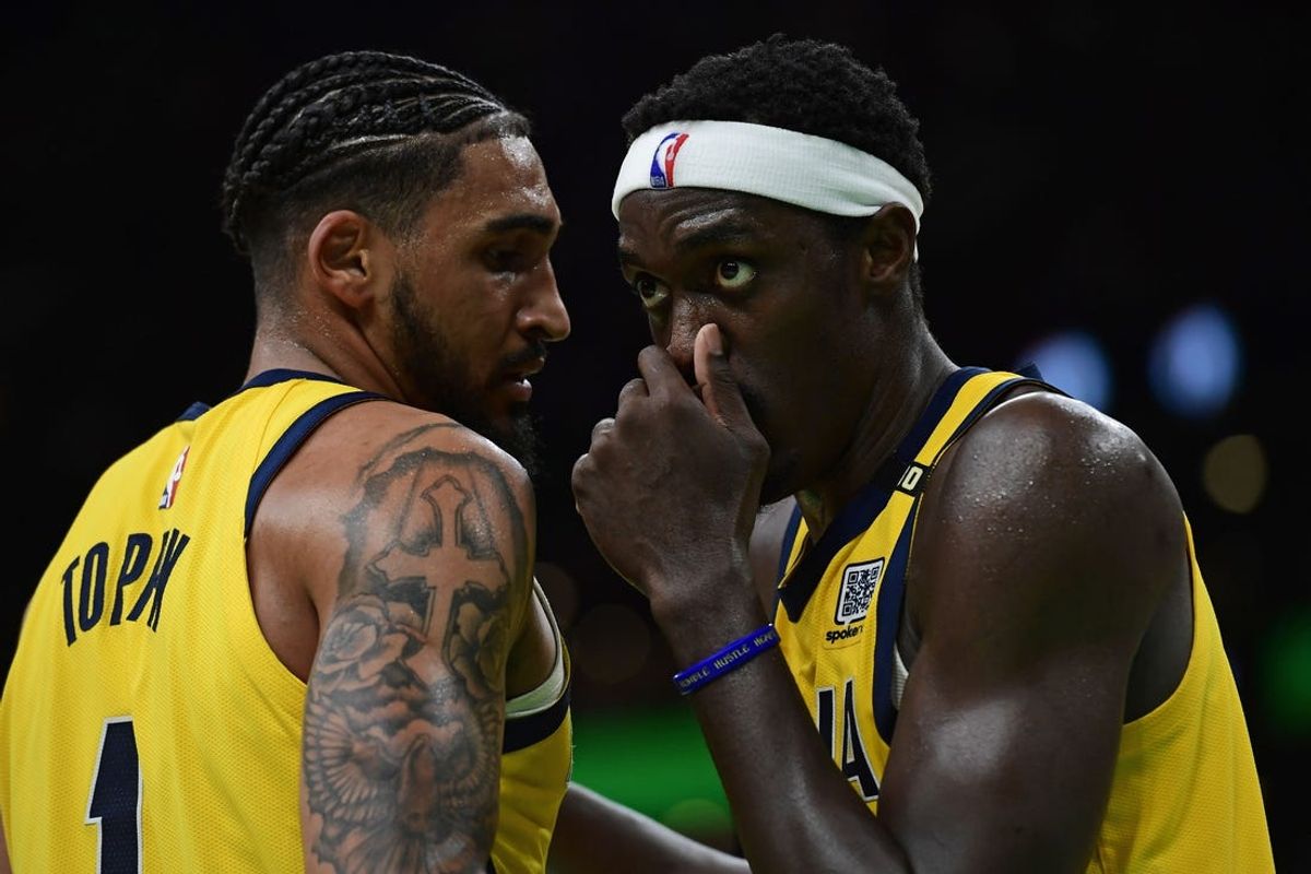 May 21, 2024; Boston, Massachusetts, USA; Indiana Pacers forward Pascal Siakam (43) reacts with forward Obi Toppin (1) during the second half for game one of the eastern conference finals for the 2024 NBA playoffs at TD Garden. Mandatory Credit: Bob DeChiara-USA TODAY Sports