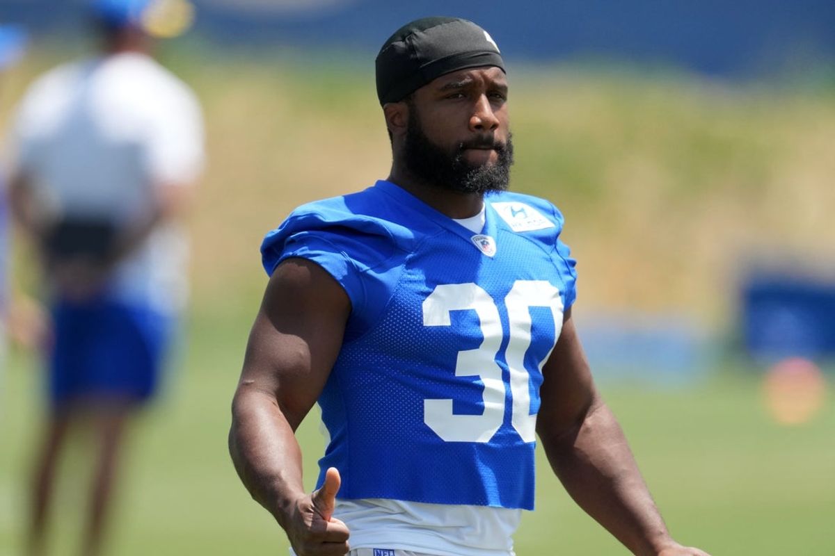 May 21, 2024, Thousand Oaks, California, USA; Los Angeles Rams running back Boston Scott (30) during organized team activities at Cal Lutheran University. Mandatory Credit: Kirby Lee-Imagn Images