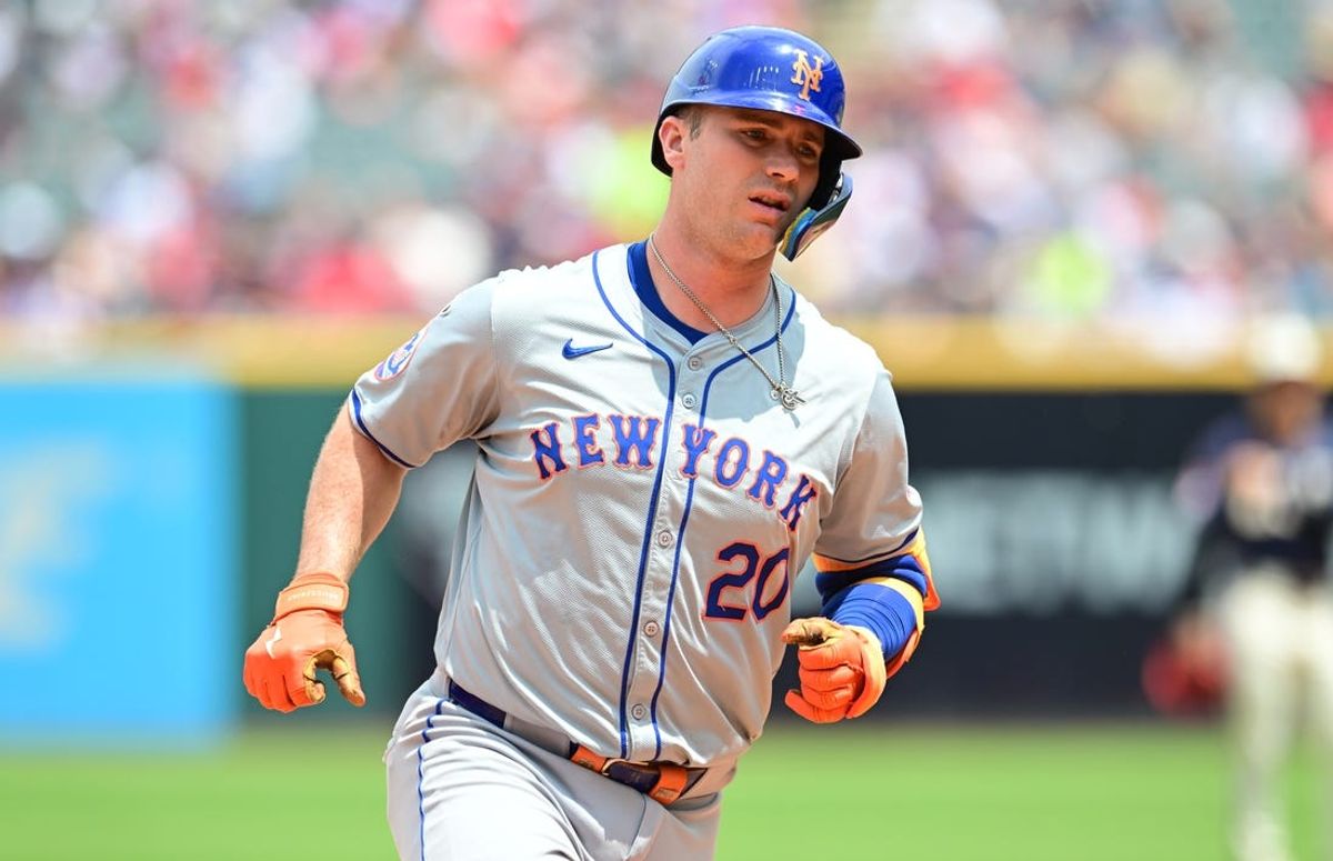 May 22, 2024; Cleveland, Ohio, USA; New York Mets first baseman Pete Alonso (20) rounds the bases after hitting a home run during the first inning against the Cleveland Guardians at Progressive Field. Mandatory Credit: Ken Blaze-USA TODAY Sports