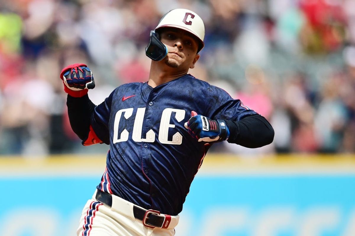 May 22, 2024; Cleveland, Ohio, USA; Cleveland Guardians second baseman Andres Gimenez (0) celebrates after hitting a three run home run during the sixth inning against the New York Mets at Progressive Field. Mandatory Credit: Ken Blaze-USA TODAY Sports