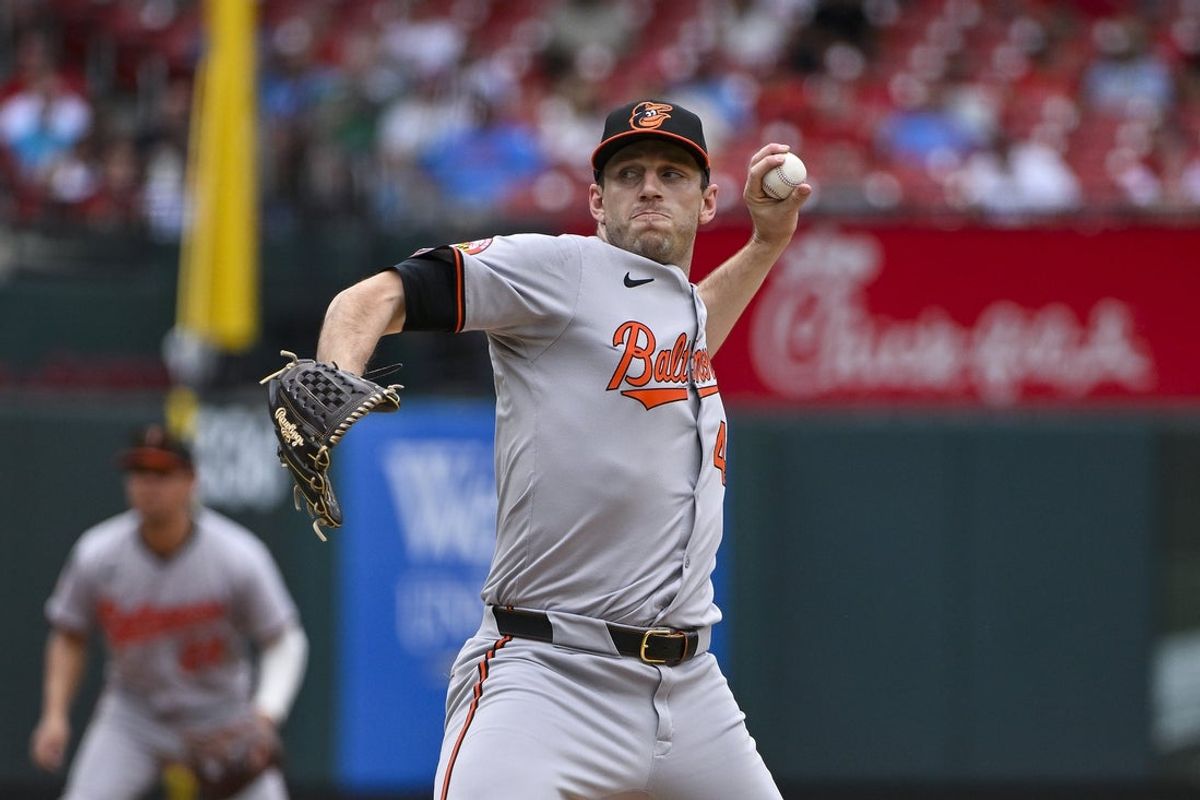 May 22, 2024; St. Louis, Missouri, USA;  Baltimore Orioles starting pitcher John Means (47) pitches against the St. Louis Cardinals at Busch Stadium. Mandatory Credit: Jeff Curry-Imagn Images