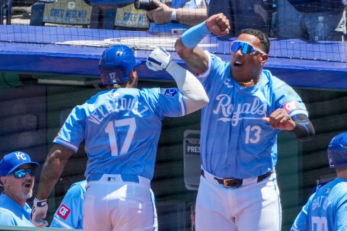 May 22, 2024; Kansas City, Missouri, USA; Kansas City Royals left fielder Nelson Velazquez (17) celebrates with designated hitter Salvador Perez (13) after hitting a solo home run against the Detroit Tigers in the fourth inning at Kauffman Stadium. Mandatory Credit: Denny Medley-USA TODAY Sports