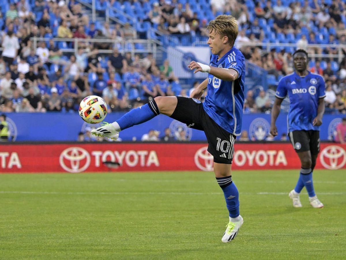 May 22, 2024; Montreal, Quebec, CAN; CF Montreal midfielder Bryce Duke (10) plays the ball during the first half against the Forge FC Hamilton at Stade Saputo. Mandatory Credit: Eric Bolte-USA TODAY Sports