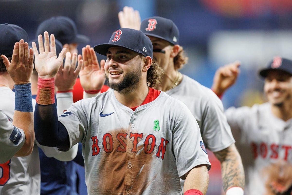 May 22, 2024; St. Petersburg, Florida, USA;  Boston Red Sox outfielder Wilyer Abreu (52) celebrates after beating the Tampa Bay Rays at Tropicana Field. Mandatory Credit: Nathan Ray Seebeck-USA TODAY Sports