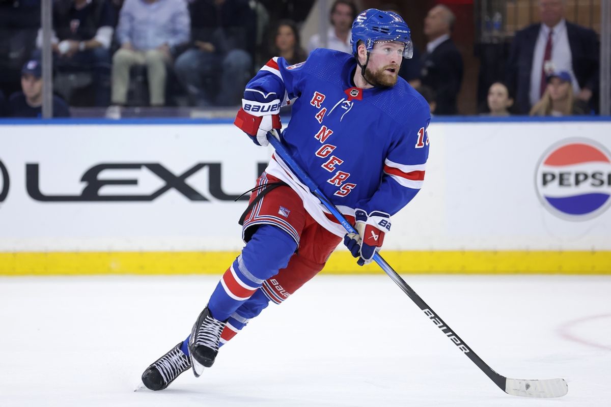 May 22, 2024; New York, New York, USA; New York Rangers left wing Alexis Lafreniere (13) skates against the Florida Panthers during the third period of game one of the Eastern Conference Final of the 2024 Stanley Cup Playoffs at Madison Square Garden. Mandatory Credit: Brad Penner-Imagn Images