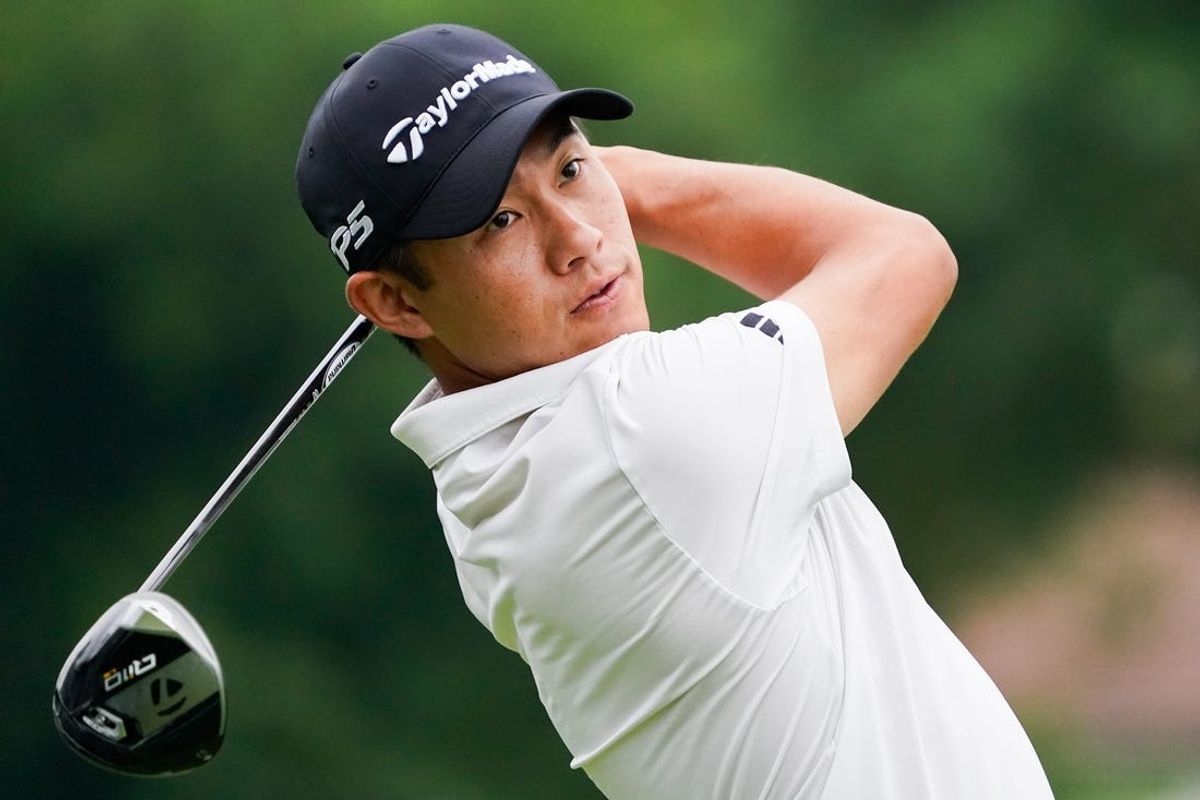 May 23, 2024; Fort Worth, Texas, USA; Collin Morikawa plays his shot from the 11th tee during the first round of the Charles Schwab Challenge golf tournament. Mandatory Credit: Raymond Carlin III-USA TODAY Sports