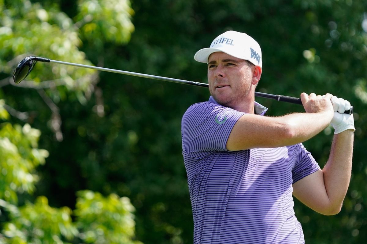 May 23, 2024; Fort Worth, Texas, USA; Luke List plays his shot from the 12th tee during the first round of the Charles Schwab Challenge golf tournament. Mandatory Credit: Raymond Carlin III-Imagn Images