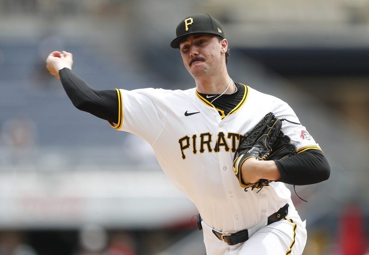 May 23, 2024; Pittsburgh, Pennsylvania, USA; Pittsburgh Pirates starting pitcher Paul Skenes (30) pitches against the San Francisco Giants during the first inning at PNC Park. Mandatory Credit: Charles LeClaire-USA TODAY Sports