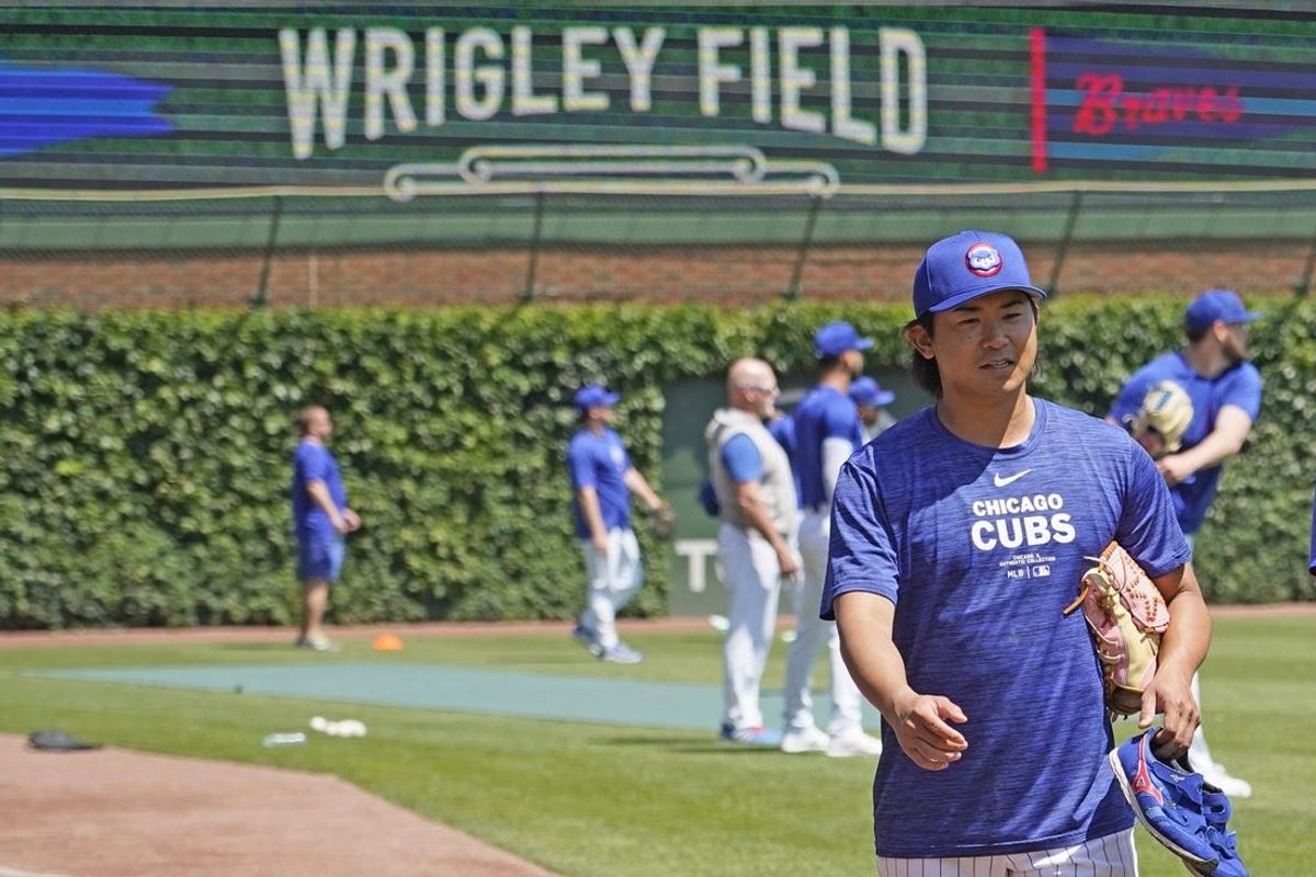 May 23, 2024; Chicago, Illinois, USA; Chicago Cubs pitcher Shota Imanaga (18) on the field before the game against the Atlanta Braves at Wrigley Field. Mandatory Credit: David Banks-USA TODAY Sports