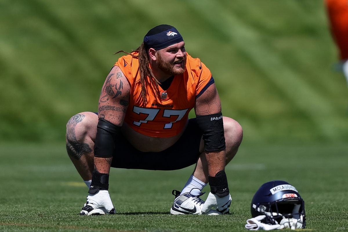 May 23, 2024; Englewood, CO, USA; Denver Broncos guard Quinn Meinerz (77) during organized team activities at Centura Health Training Center. Mandatory Credit: Isaiah J. Downing-USA TODAY Sports