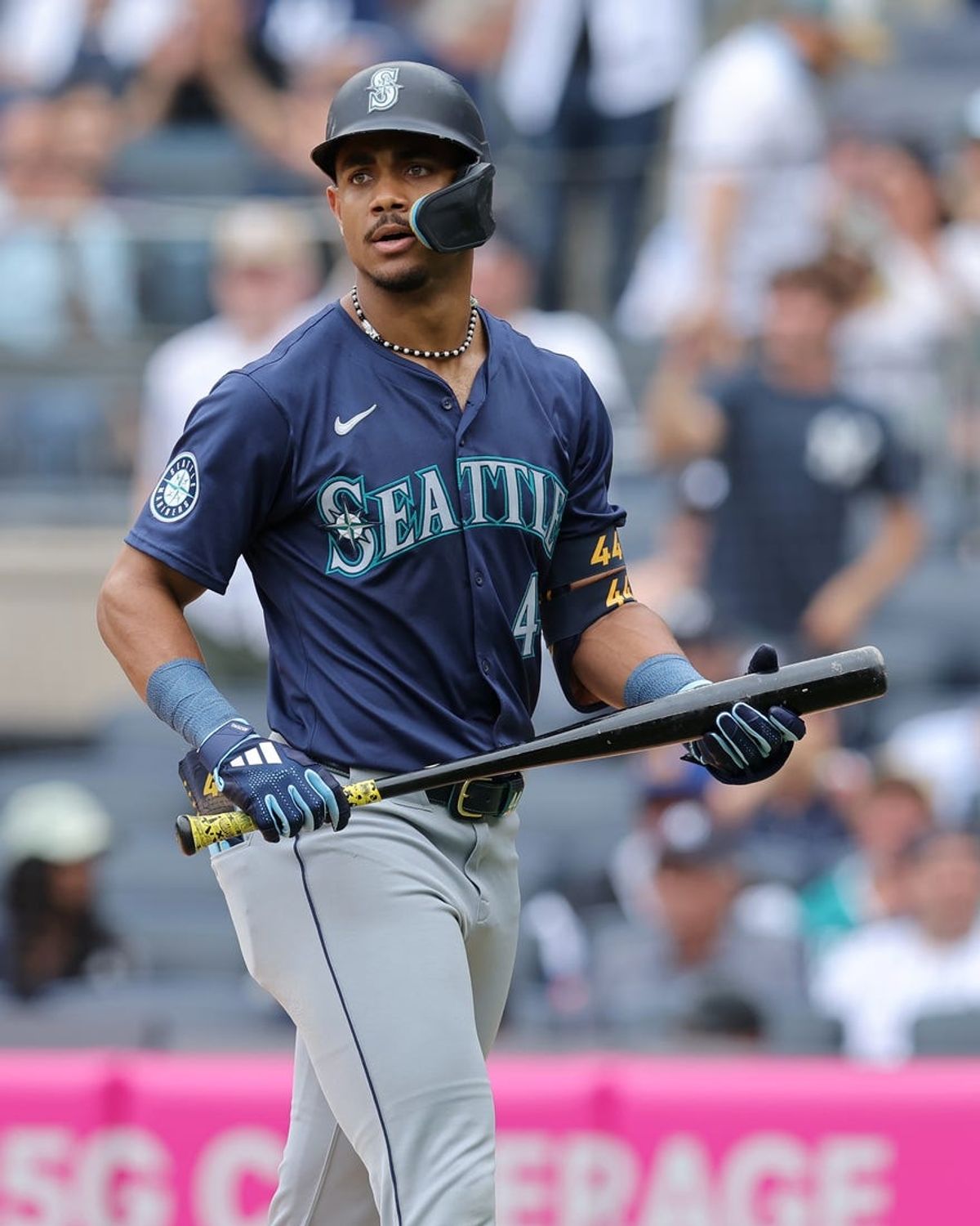 May 23, 2024; Bronx, New York, USA; Seattle Mariners center fielder Julio Rodriguez (44) reacts after striking out during the second inning against the New York Yankees at Yankee Stadium. Mandatory Credit: Brad Penner-USA TODAY Sports